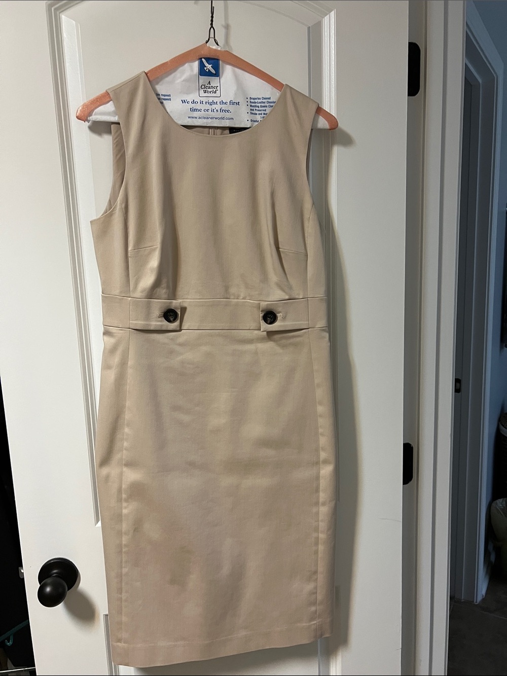 Ann Taylor Beige Sleeveless Sheath Dress with Buttoned Waistband